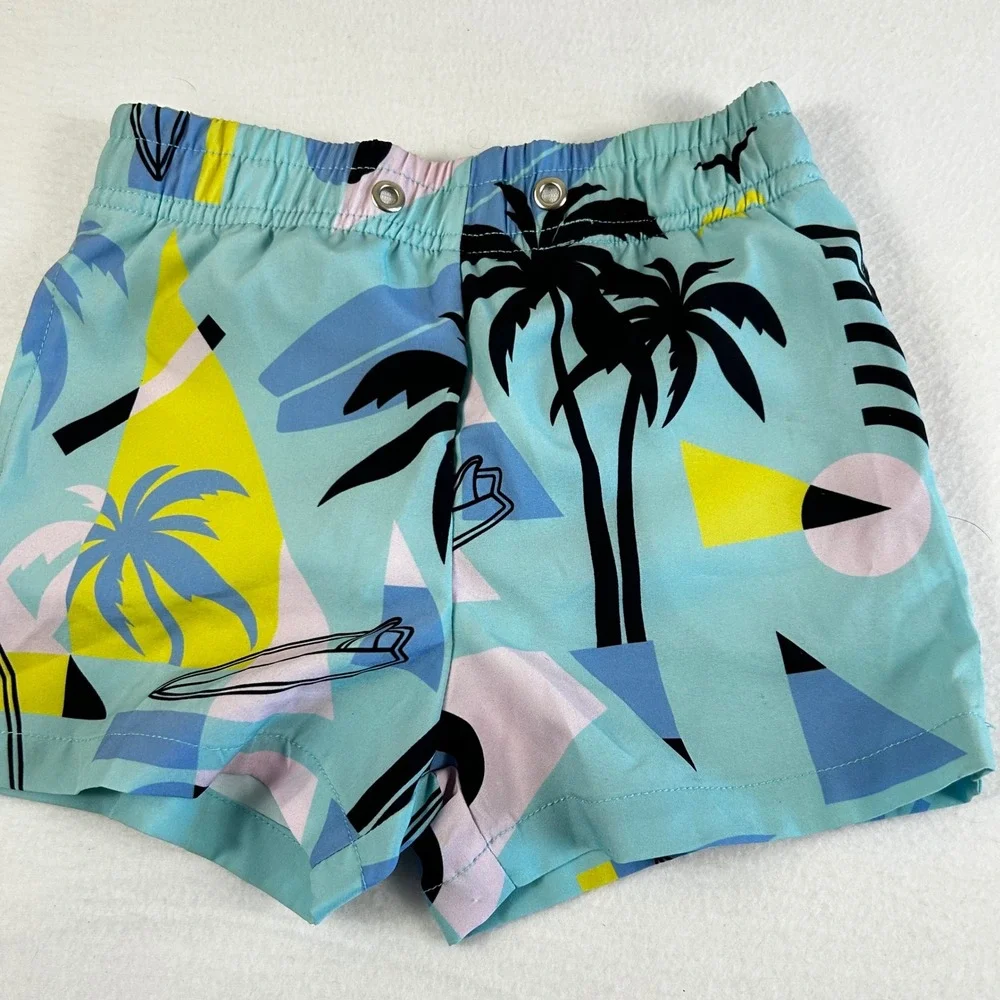 Kids Swim Trunks Size M Blue Tropical Palm Tree Surfboard Print Elastic‎ Waist